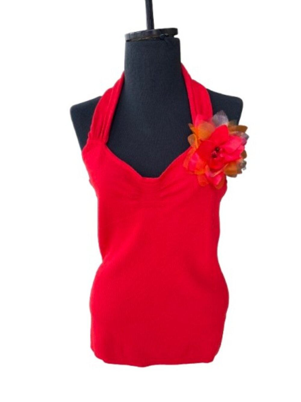 Vtg Y2K Cache Halter Knit Tank Top Floral Accent Red Size M Babydoll Boho Beach